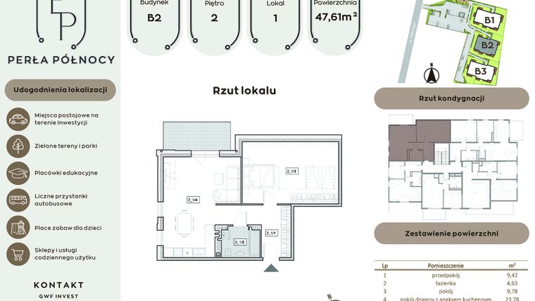 Rzut - Mieszkanie na sprzedaż 2 pokoje o powierzchni 47,61 m² - numer B2.2_1 w Perła Północy etap 2