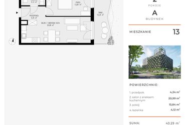 Rzut - Mieszkanie na sprzedaż 2 pokoje o powierzchni 43,29 m² - numer 13 w Semiramis