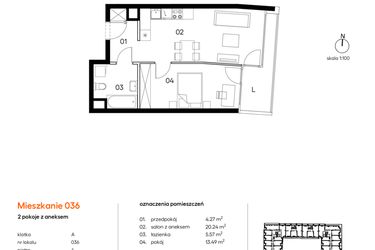 Rzut - Mieszkanie na sprzedaż 2 pokoje o powierzchni 43,57 m² - numer A.A036 w Miasto Polskich Mistrzów Olimpijskich II
