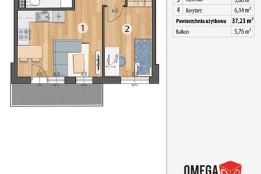 Rzut - Mieszkanie na sprzedaż 2 pokoje o powierzchni 37,23 m² - numer G3-08 w Smolec pod Wrocławem Dobry Deweloper Milo