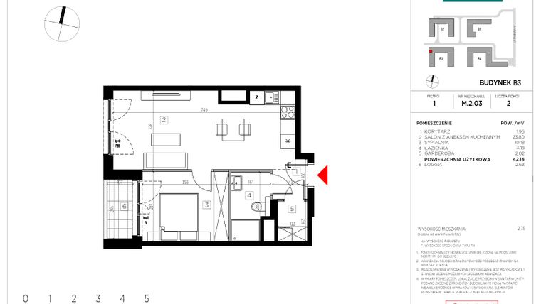Rzut - Mieszkanie na sprzedaż 2 pokoje o powierzchni 42,14 m² - numer M.2.03 w CityFlow etap II