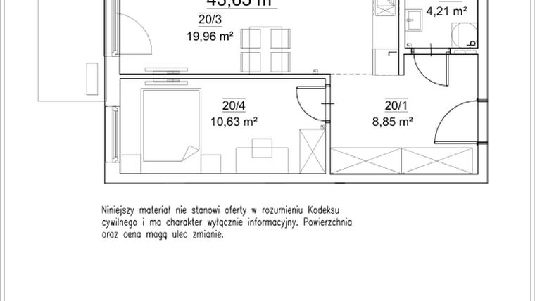 Rzut - Mieszkanie na sprzedaż 2 pokoje o powierzchni 43,65 m² - numer A1.20 w FORTnatura