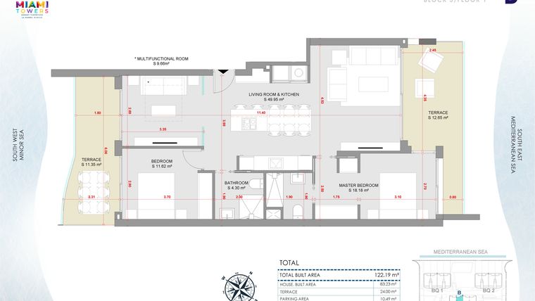 Rzut - Mieszkanie na sprzedaż 3 pokoje o powierzchni 122,19 m² - numer P1-BL3-B w Miami Towers