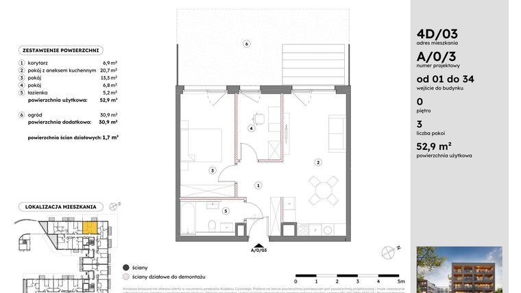 Rzut - Mieszkanie na sprzedaż 3 pokoje o powierzchni 52,88 m² - numer A/0/3 w Osiedle Mateckiego 4ALL