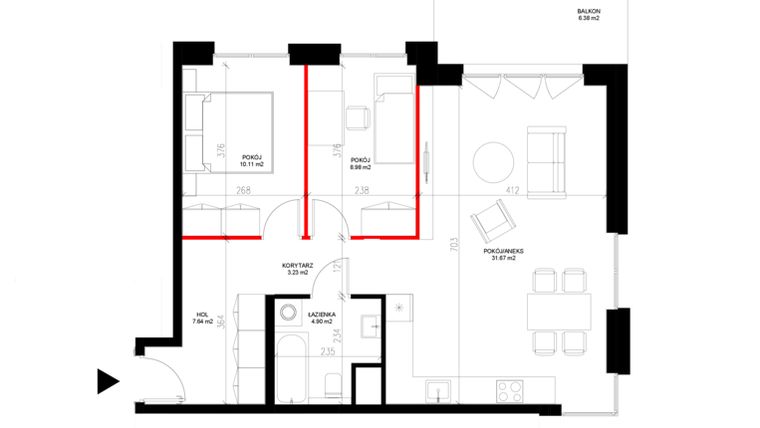 Rzut - Mieszkanie na sprzedaż 3 pokoje o powierzchni 66,53 m² - numer E.1.8 w INSPIRE ETAP IV – bud. E