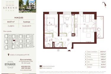 Rzut - Mieszkanie na sprzedaż 3 pokoje o powierzchni 64,57 m² - numer H.M.2.03 w Sereno Park