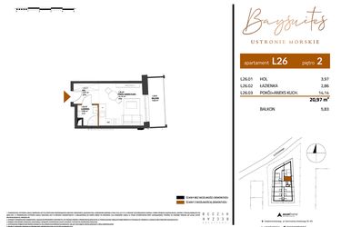 Rzut - Mieszkanie na sprzedaż 1 pokój o powierzchni 20,97 m² - numer AP.2.26 w Baysuites