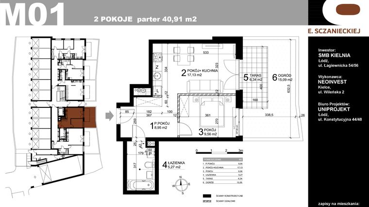 Rzut - Mieszkanie na sprzedaż 2 pokoje o powierzchni 40,91 m² - numer M01 w Sczanieckiej 8
