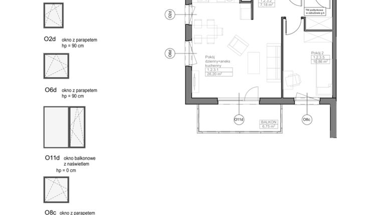 Rzut - Mieszkanie na sprzedaż 3 pokoje o powierzchni 61,12 m² - numer E.1.2.3 w Optima VII