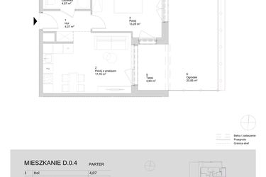 Rzut - Mieszkanie na sprzedaż 2 pokoje o powierzchni 39,68 m² - numer D.0.4 w ATAL Parkowa