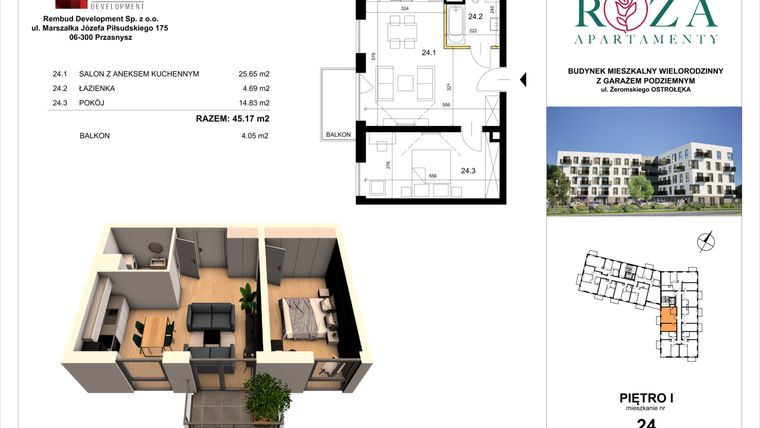 Rzut - Mieszkanie na sprzedaż 2 pokoje o powierzchni 45,17 m² - numer M  24 w Apartamenty Róża