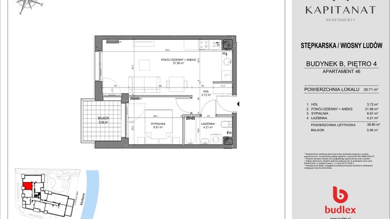 Rzut - Mieszkanie na sprzedaż 2 pokoje o powierzchni 39,71 m² - numer 46.B w Kapitanat Apartamenty
