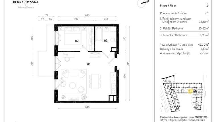 Rzut - Mieszkanie na sprzedaż 2 pokoje o powierzchni 49,7 m² - numer B/3/04 w Bernardyńska 4