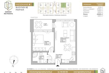 Rzut - Mieszkanie na sprzedaż 2 pokoje o powierzchni 49,69 m² - numer M8 w Ogrody Reymonta