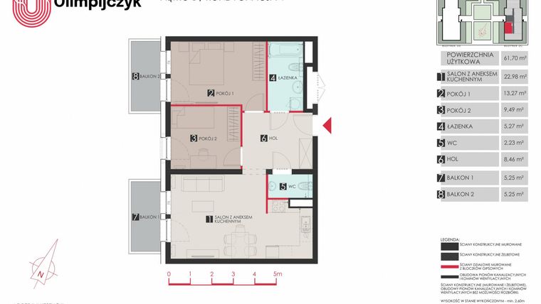 Rzut - Mieszkanie na sprzedaż 3 pokoje o powierzchni 62,04 m² - numer C54 w Osiedle Olimpijczyk II etap
