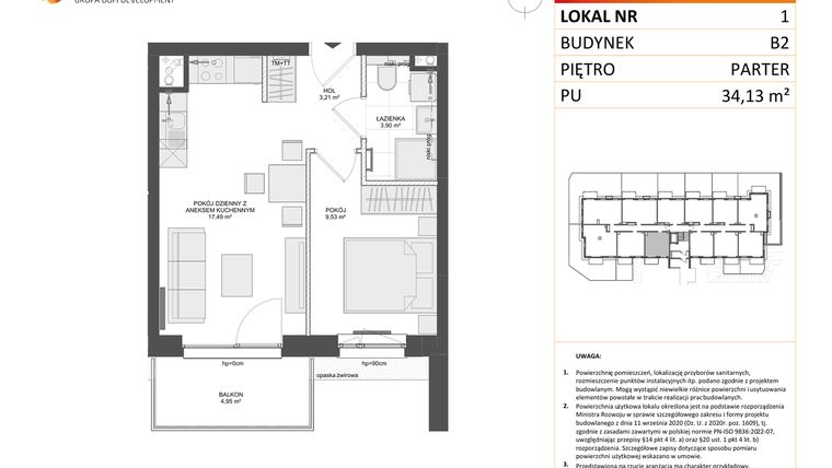 Rzut - Mieszkanie na sprzedaż 2 pokoje o powierzchni 34,13 m² - numer B2.1 w Osiedle Przy Błoniach 3 etap III