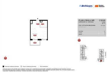 Rzut - Mieszkanie na sprzedaż 1 pokój o powierzchni 31,15 m² - numer C1B 85 w Modern Mokotów etap 3, budynek C1 i C2