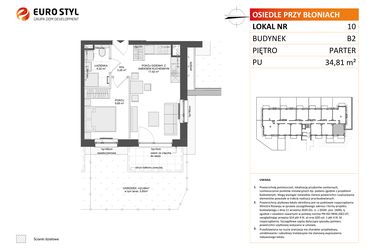 Rzut - Mieszkanie na sprzedaż 2 pokoje o powierzchni 34,81 m² - numer B2.10 w Osiedle Przy Błoniach 3 etap III