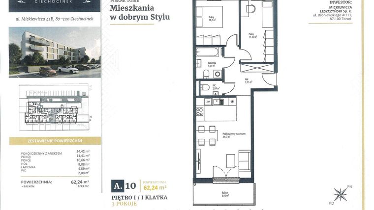 Rzut - Mieszkanie na sprzedaż 3 pokoje o powierzchni 62,24 m² - numer A10 w Mickiewicza