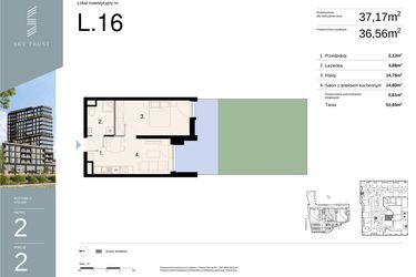 Rzut - Mieszkanie na sprzedaż 2 pokoje o powierzchni 37,17 m² - numer L16 w Sky Trust etap II - Apartamenty inwestycyjne