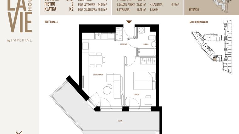 Rzut - Mieszkanie na sprzedaż 2 pokoje o powierzchni 44,08 m² - numer 60 w La Vie House