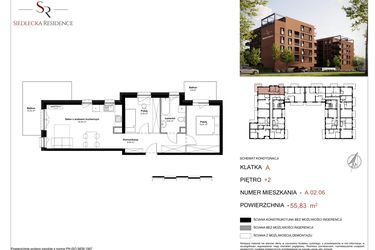 Rzut - Mieszkanie na sprzedaż 3 pokoje o powierzchni 56,83 m² - numer A-02-06 w Siedlecka Residence