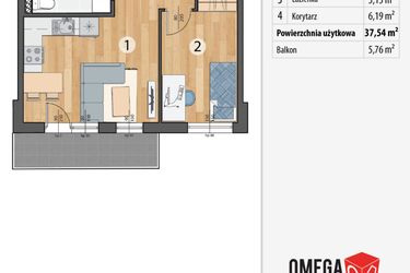 Rzut - Mieszkanie na sprzedaż 2 pokoje o powierzchni 37,54 m² - numer G4-05 w Smolec pod Wrocławem Dobry Deweloper Milo