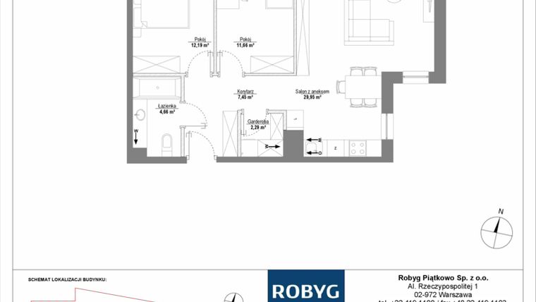 Rzut - Mieszkanie na sprzedaż 3 pokoje o powierzchni 68,2 m² - numer H3_1M03 w Piątkowo Residence etap II
