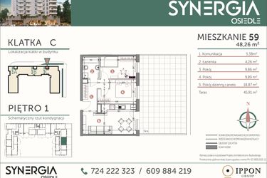 Rzut - Mieszkanie na sprzedaż 3 pokoje o powierzchni 48,26 m² - numer M59 w SYNERGIA
