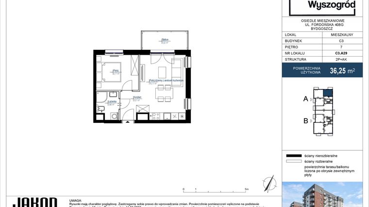 Rzut - Mieszkanie na sprzedaż 2 pokoje o powierzchni 36,25 m² - numer C3.A29 w Nowy Wyszogród etap III
