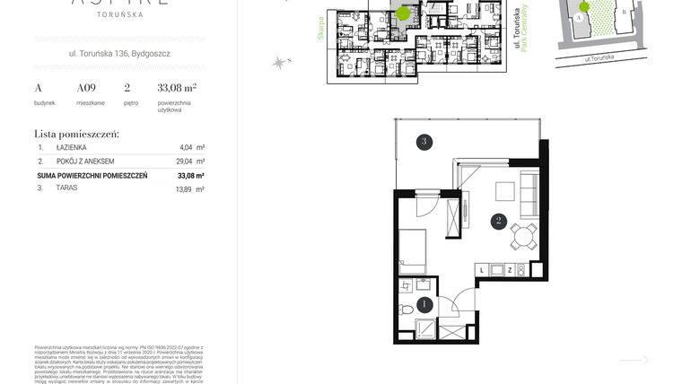 Rzut - Mieszkanie na sprzedaż 1 pokój o powierzchni 33,08 m² - numer A.9 w Aspire