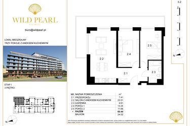 Rzut - Mieszkanie na sprzedaż 3 pokoje o powierzchni 60,44 m² - numer 3.2 w Wild Pearl
