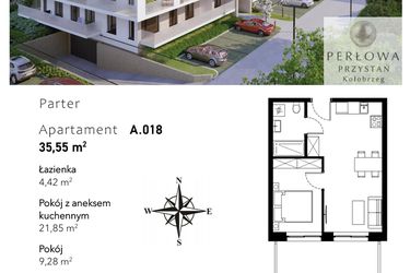 Rzut - Mieszkanie na sprzedaż 2 pokoje o powierzchni 35,55 m² - numer A.018 w Perłowa Przystań - Kołobrzeg - etap II