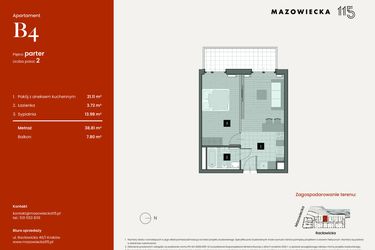Rzut - Mieszkanie na sprzedaż 2 pokoje o powierzchni 38,81 m² - numer B4 w Mazowiecka 115