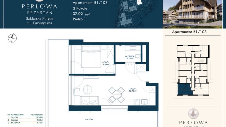Rzut - Mieszkanie na sprzedaż 2 pokoje o powierzchni 37,02 m² - numer B1/103 w Perłowa Przystań - Szklarska Poręba