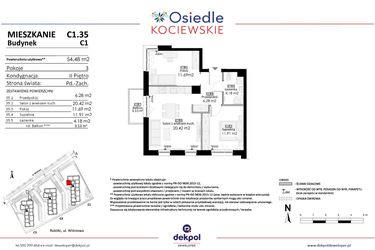 Rzut - Mieszkanie na sprzedaż 3 pokoje o powierzchni 54,48 m² - numer C1.35 w Osiedle Kociewskie etap III