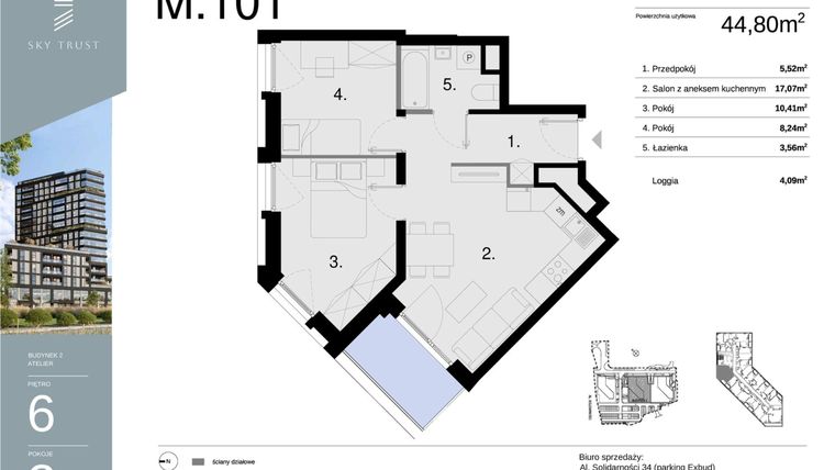 Rzut - Mieszkanie na sprzedaż 3 pokoje o powierzchni 44,8 m² - numer M101 w Sky Trust etap II