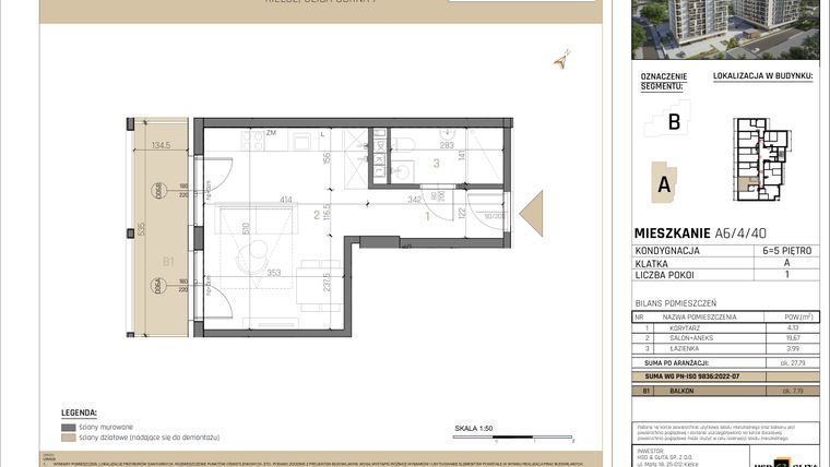 Rzut - Mieszkanie na sprzedaż 1 pokój o powierzchni 27,86 m² - numer A6/4/40 w GEMINI G-7