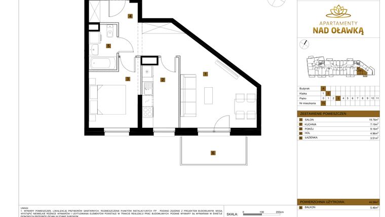 Rzut - Mieszkanie na sprzedaż 2 pokoje o powierzchni 44,58 m² - numer 73 w Apartamenty nad Oławką