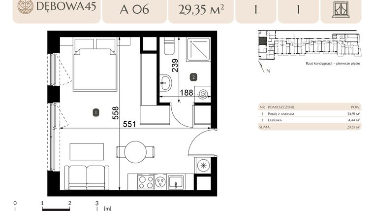 Rzut - Mieszkanie na sprzedaż 1 pokój o powierzchni 29,35 m² - numer A.06 w Dębowa 45
