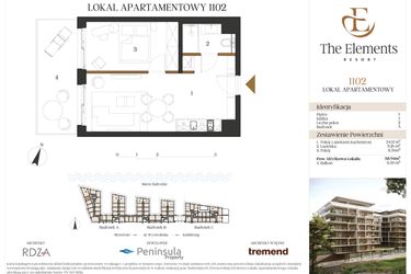 Rzut - Mieszkanie na sprzedaż 2 pokoje o powierzchni 38,94 m² - numer 1102 w The Elements Resort