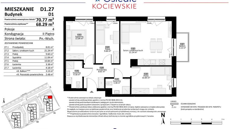 Rzut - Mieszkanie na sprzedaż 4 pokoje o powierzchni 68,29 m² - numer D1.27 w Osiedle Kociewskie etap III