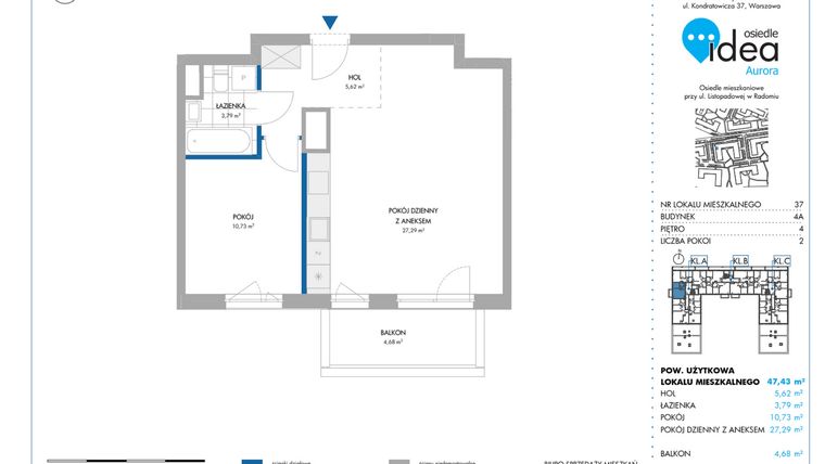 Rzut - Mieszkanie na sprzedaż 2 pokoje o powierzchni 47,41 m² - numer 4A/37 w Osiedle Idea Aurora