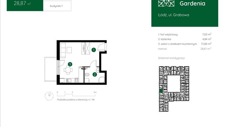 Rzut - Mieszkanie na sprzedaż 1 pokój o powierzchni 28,87 m² - numer 1.A.1.13 w Murapol Gardenia