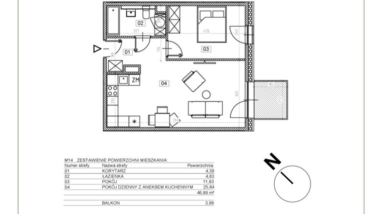 Rzut - Mieszkanie na sprzedaż 2 pokoje o powierzchni 46,89 m² - numer J.M14 w Osiedle Glivia Zachodnia
