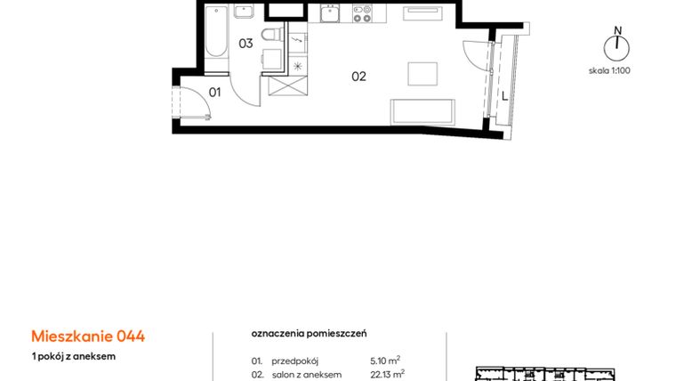 Rzut - Mieszkanie na sprzedaż 1 pokój o powierzchni 32,03 m² - numer A.A044 w Miasto Polskich Mistrzów Olimpijskich II