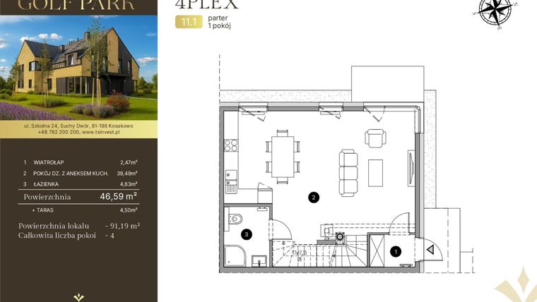 Rzut - Dom na sprzedaż 4 pokoje o powierzchni 91,53 m² - numer 11.1 w Tesoro Golf Park