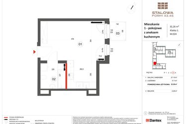 Rzut - Mieszkanie na sprzedaż 1 pokój o powierzchni 32,26 m² - numer 24 w Stalowa Form 43.45
