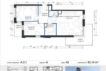 Rzut - Mieszkanie na sprzedaż 3 pokoje o powierzchni 63,14 m² - numer A 2.1 w Nowe Zabłocie