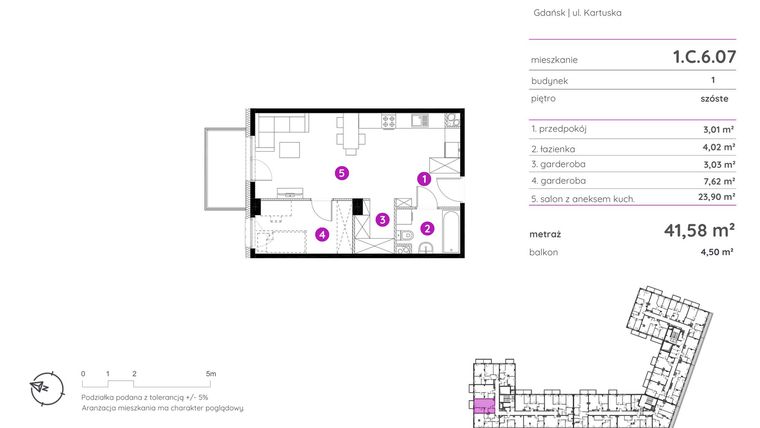Rzut - Mieszkanie na sprzedaż 2 pokoje o powierzchni 41,58 m² - numer 1.C.6.07 w Murapol Scarpa